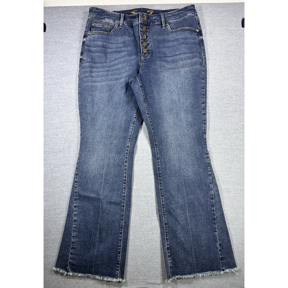 Seven7 High Rise Exposed Gold Button Fly Flare Jeans with Frayed Hem Size 18